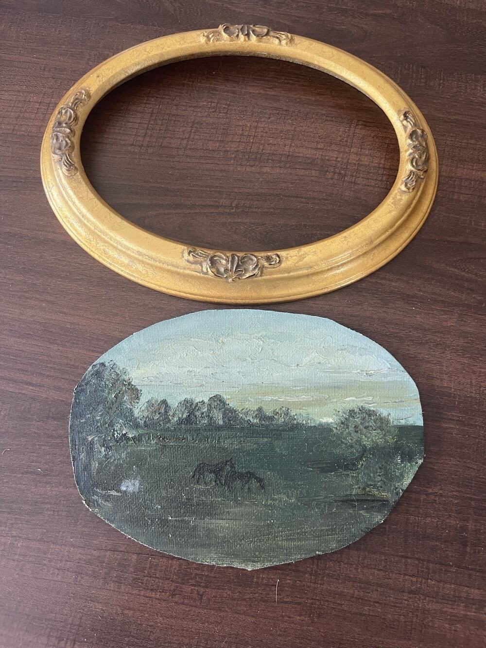Vintage Wooden Oval Ornate Regency Victorian Framed Painting Of Horses